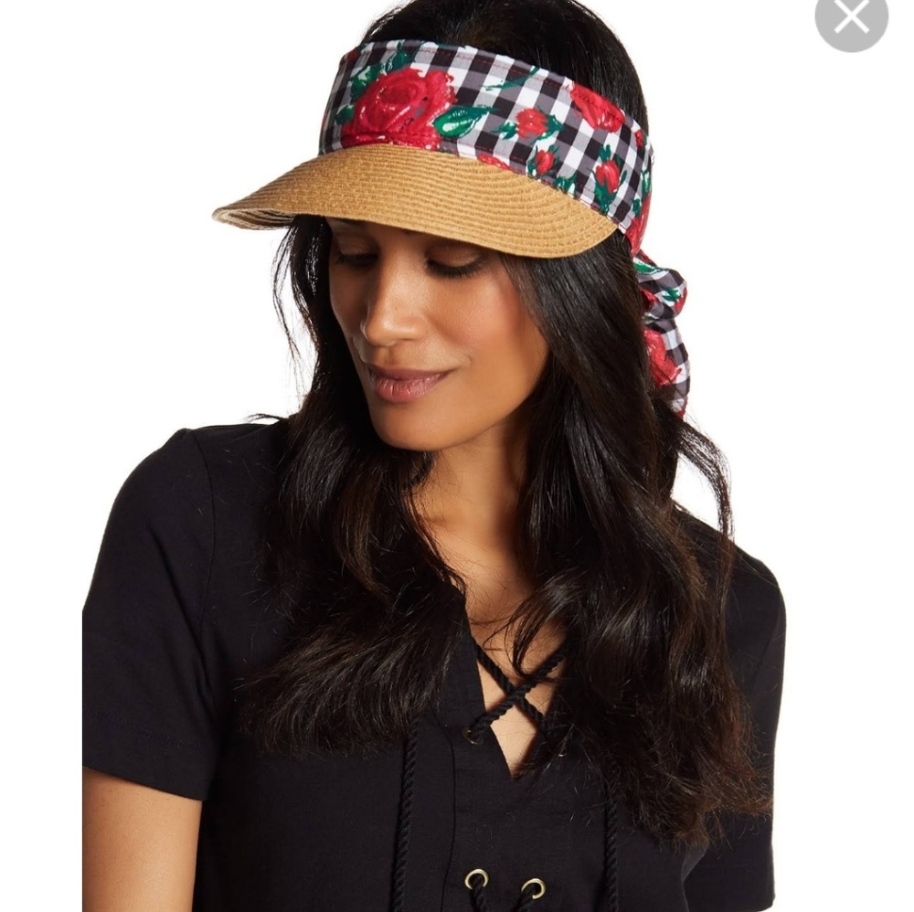 NWT BJ Betsey Johnson Tan Gingham Rose Visor Hat